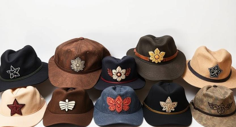 image of a variety of stylish hats with iron patches in different shapes and designs such as stars, flowers, and geometric patterns. Show the patches neatly placed on the front or side of the hats.