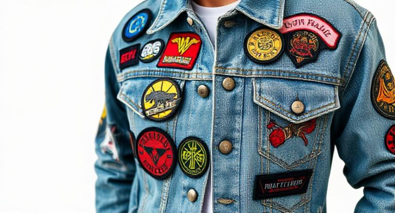 image of a stylish urban outfit featuring custom embroidered patches on a denim jacket. Include a mix of bold, colorful patches like logos, symbols, and designs, adding a trendy and personalized touch.