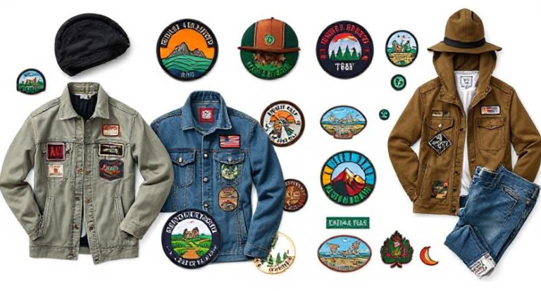 image showcasing a variety of custom patches on different clothing items like jackets, hats, and jeans. Include patches with themes like nature, music, and travel to inspire readers to create themed outfits.
